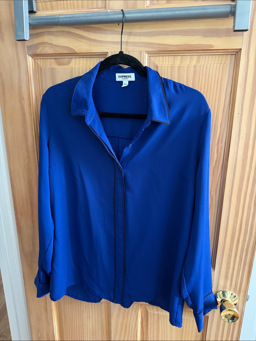 Express Satin Button-Front Blouse in Royal Blue with Black Trim